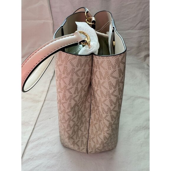 Michael Kors Pratt Medium Bucket Shoulder Bag Pale‎ Gold Leather Logo Stripe - Picture 6 of 7